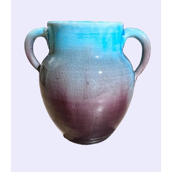 Vintage Pisgah Forest 2 handled Vase turquoise and maroon - Picture 3 of 12